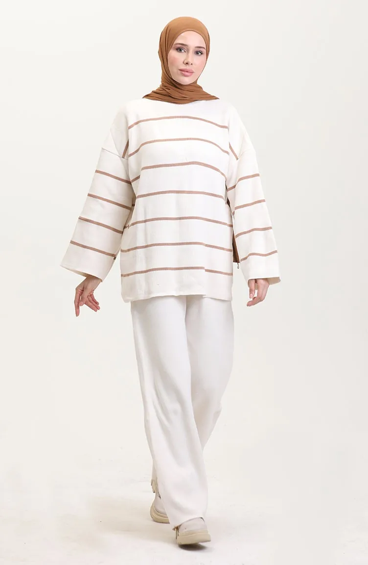 Costume En Tricot Rayé 3083-04 Crème 3083-04