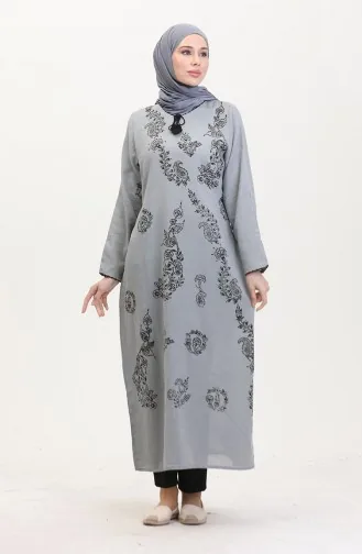 Desenli Şile Bezi Elbise 0004-15 Gri