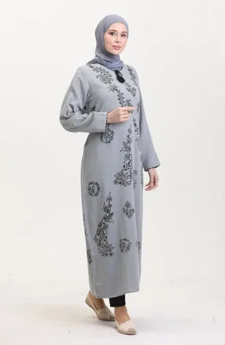 Desenli Şile Bezi Elbise 0004-15 Gri