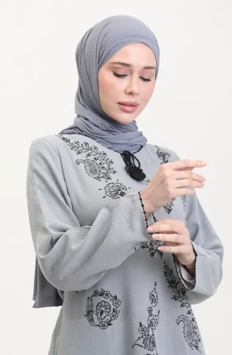 Desenli Şile Bezi Elbise 0004-15 Gri