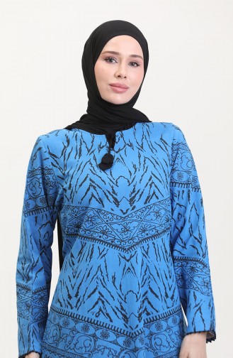 فستان منقوش من نسيج شيلة 4444-10 أزرق ملكي 4444-10