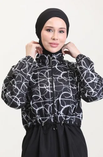 Beli Lastikli Geometrik Desenli Fermuarlı Tesettür Mayo Bone Hediyeli 9001-01 Siyah Beyaz