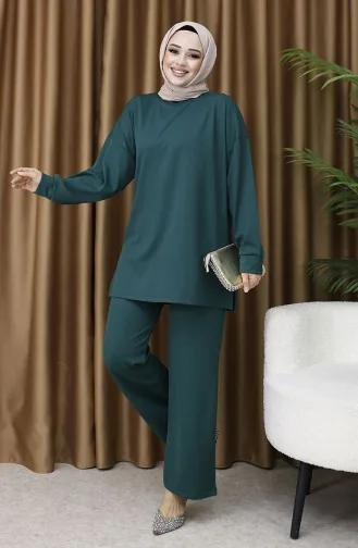 Fitilli Tunik Pantolon İkili Takım 5570-04 Zümrüt Yeşili