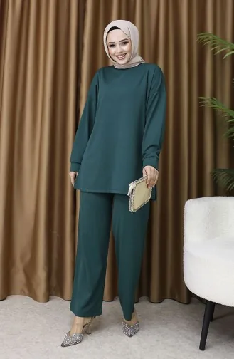 Fitilli Tunik Pantolon İkili Takım 5570-04 Zümrüt Yeşili