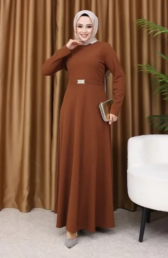 Tokalı Elbise 7123-08 Koyu Kahverengi