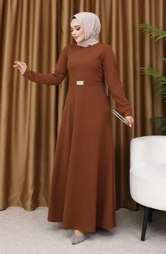 Tokalı Elbise 7123-08 Koyu Kahverengi