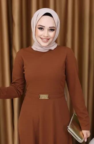 Tokalı Elbise 7123-08 Koyu Kahverengi