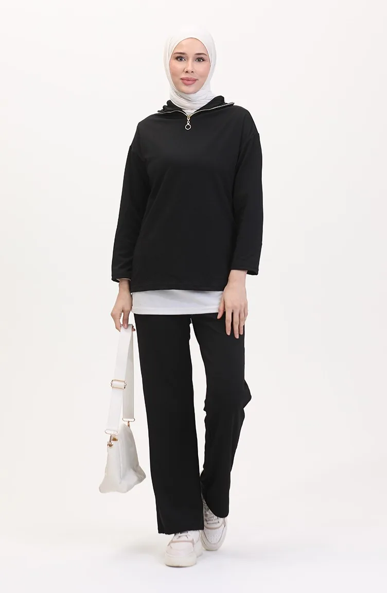 Fermuarlı Tunik Pantolon İkili Takım 1058-04 Siyah