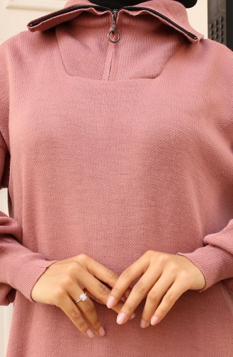 Yakası Fermuarlı Triko Elbise 2441-03 Gül Kurusu