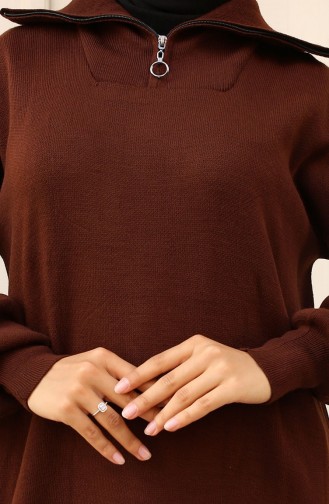Yakası Fermuarlı Triko Elbise 2441-04 Kahverengi