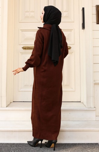 Yakası Fermuarlı Triko Elbise 2441-04 Kahverengi