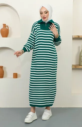 Yaka Fermuarlı Çizgili Triko Elbise 11027-02 Zümrüt Yeşili