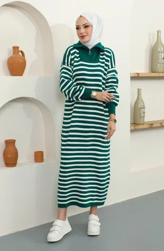 Yaka Fermuarlı Çizgili Triko Elbise 11027-02 Zümrüt Yeşili