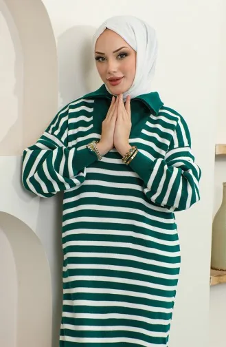 Yaka Fermuarlı Çizgili Triko Elbise 11027-02 Zümrüt Yeşili