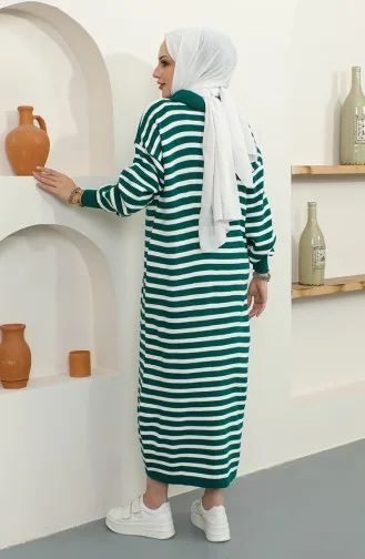 Yaka Fermuarlı Çizgili Triko Elbise 11027-02 Zümrüt Yeşili