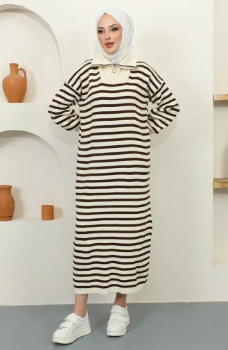 Robe En Maille Rayée à Col Zippé 11027-06 Beige 11027-06