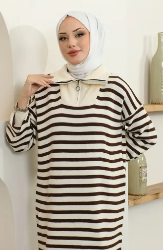 Robe En Maille Rayée à Col Zippé 11027-06 Beige 11027-06