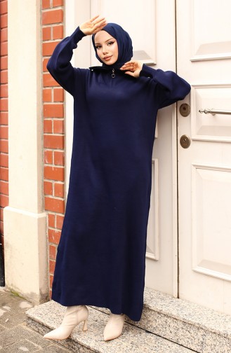 Yakası Fermuarlı Triko Elbise 2441-06 Lacivert