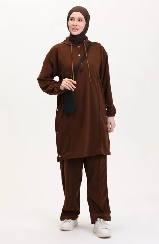 Hooded Tunic Trousers Two Piece Suit 0567-04 Brown 0567-04