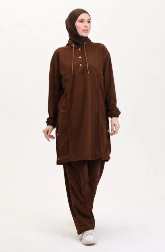 Hooded Tunic Trousers Two Piece Suit 0567-04 Brown 0567-04