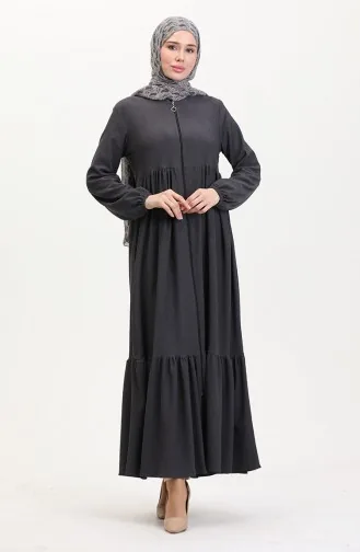 Crepe Stof Gesmokte Abaya Met Rits 1018-10 Antraciet 1018-10