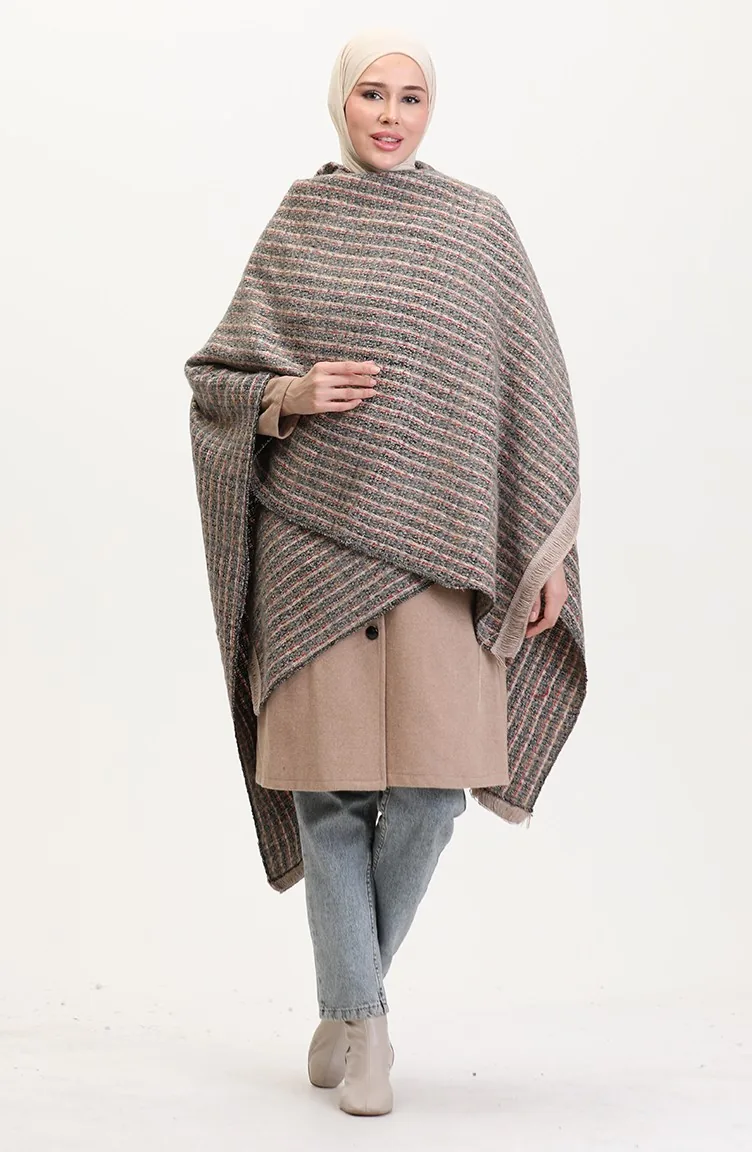 Poncho-Schulterschal 2026-01 Grau Rot 2026-01