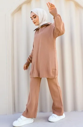 Yakası Fermuar Detaylı Triko Takım 11017-03 Vizon