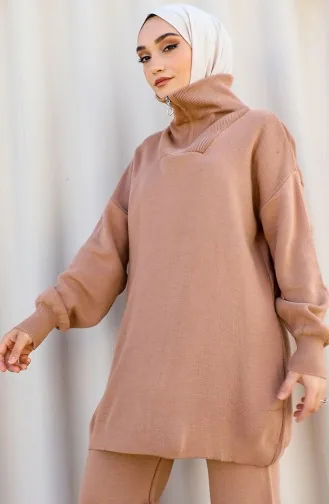 Yakası Fermuar Detaylı Triko Takım 11017-03 Vizon