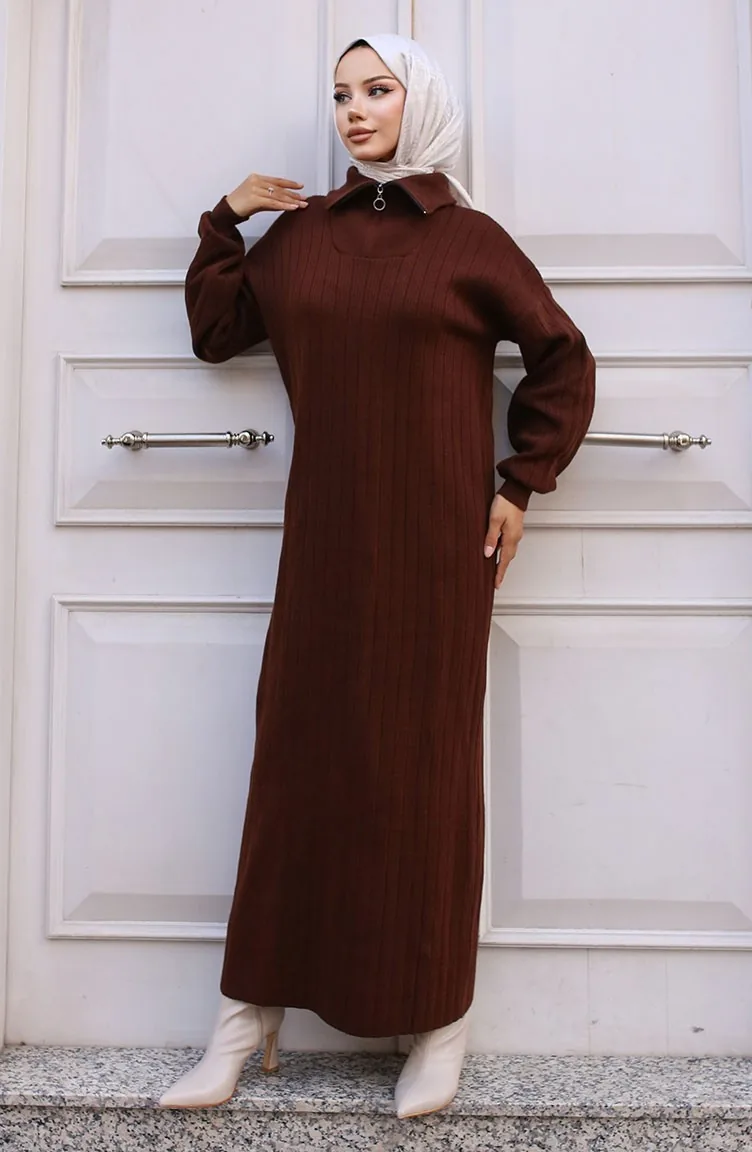 Robe En Velours Côtelé à Col Zippé 11032-02 Marron 11032-02