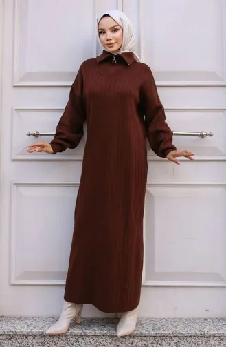 Robe En Velours Côtelé à Col Zippé 11032-02 Marron 11032-02