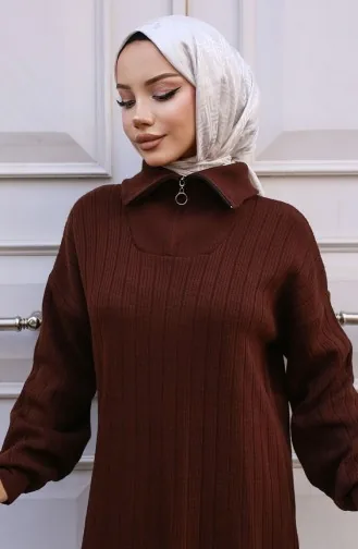 Robe En Velours Côtelé à Col Zippé 11032-02 Marron 11032-02