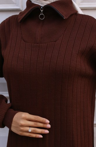 Yakası Fermuarlı Fitilli Triko Elbise 11032-02 Kahverengi