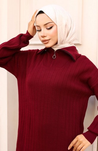 Yakası Fermuarlı Fitilli Triko Elbise 11032-07 Bordo