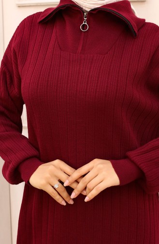 Yakası Fermuarlı Fitilli Triko Elbise 11032-07 Bordo