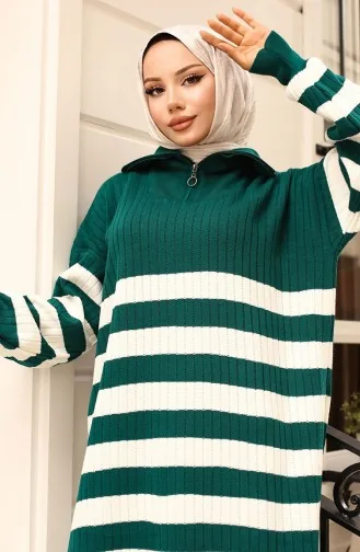 Robe En Maille Côtelée à Rayures 11042-07 Vert émeraude 11042-07