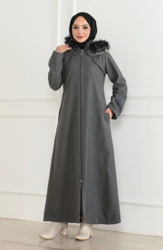 Kapüşonlu Kürklü Kaban 2058-08 Gri