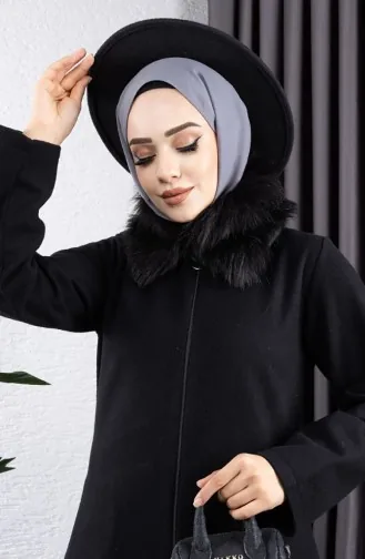 Kürk Yaka Kaşe Kaban 2060-01 Siyah