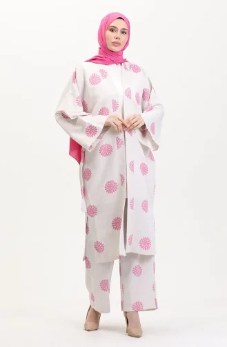 Desenli Kimono Takım 14935-01 Krem Gül Kurusu