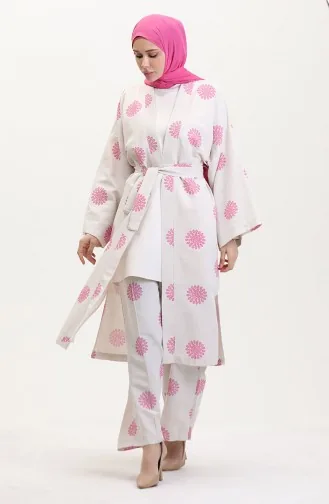 Desenli Kimono Takım 14935-01 Krem Gül Kurusu