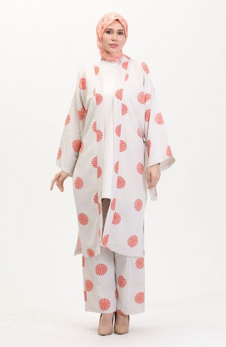 Desenli Kimono Takım 14935-02 Krem Kiremit