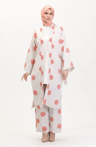 Desenli Kimono Takım 14935-02 Krem Kiremit