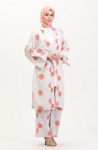 Desenli Kimono Takım 14935-02 Krem Kiremit
