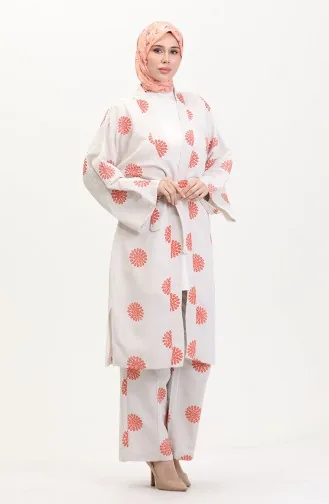 Desenli Kimono Takım 14935-02 Krem Kiremit