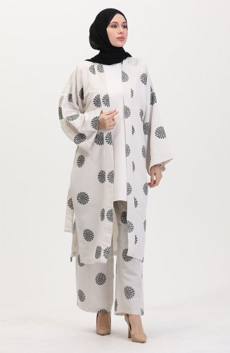 Desenli Kimono Takım 14935-03 Krem Siyah