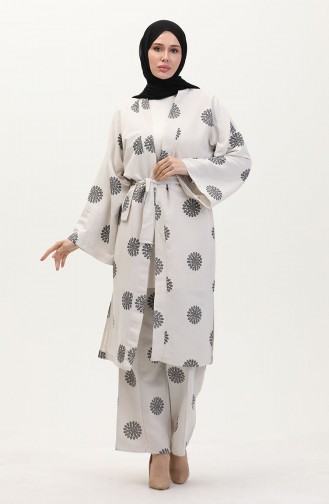 Desenli Kimono Takım 14935-03 Krem Siyah