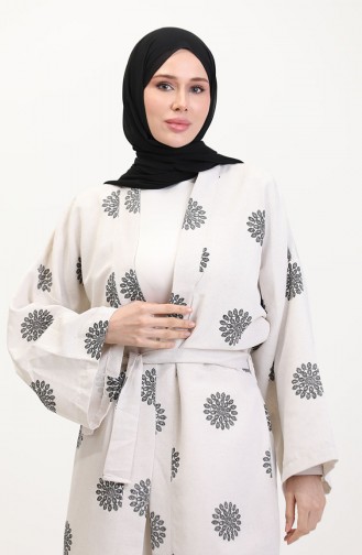 Desenli Kimono Takım 14935-03 Krem Siyah