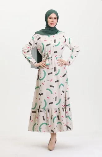 Büyük Beden Desenli Keten Elbise 91817-01 Krem Yeşil