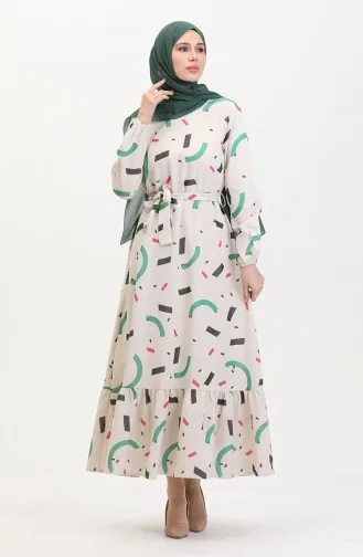 Büyük Beden Desenli Keten Elbise 91817-01 Krem Yeşil
