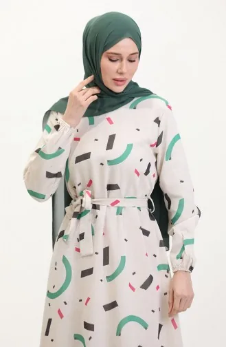 Büyük Beden Desenli Keten Elbise 91817-01 Krem Yeşil