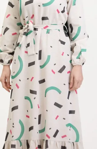 Büyük Beden Desenli Keten Elbise 91817-01 Krem Yeşil